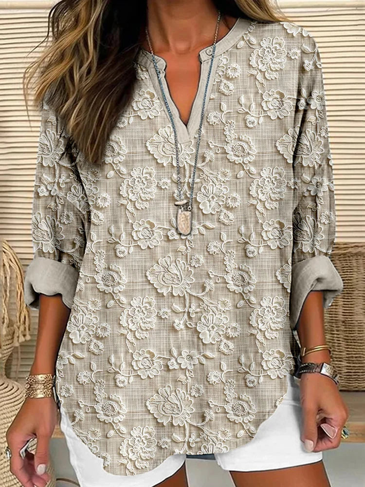 Πουκάμισο Comfort Vintage Floral δαντέλα με κεντημένο λινό μείγμα