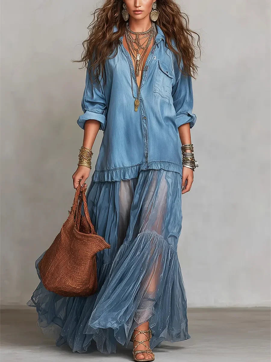 Ρετρό casual μάξι φόρεμα με ρετρό γιακά, από τζιν και γάζα patchwork. Συλλογή 2026