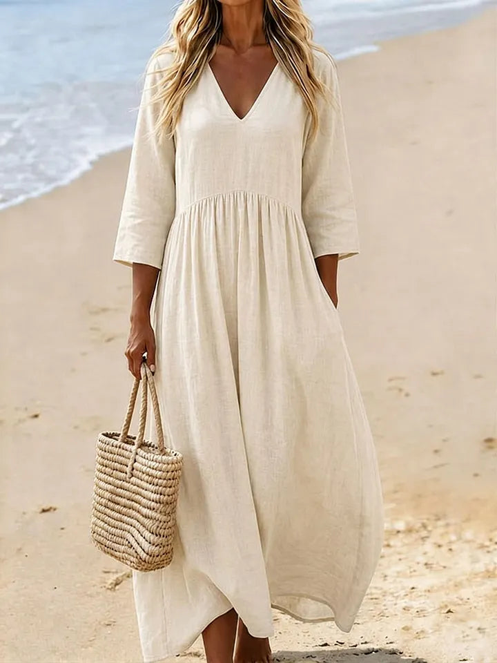 Γυναικείο Μονόχρωμο Casual Φόρεμα Maxi από Βαμβάκι και Λινό με V λαιμόκοψη