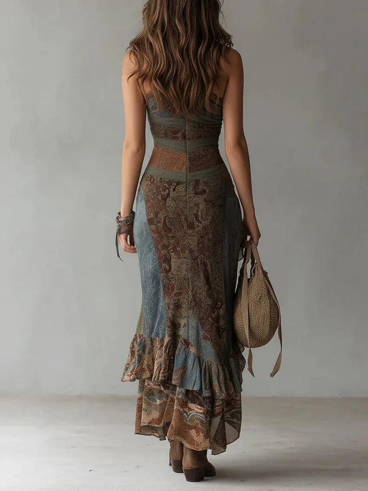 Ασύμμετρο φόρεμα Boho με βολάν στο στρίφωμα και λαιμόκοψη έξω από τους ώμους από ελαστικό ύφασμα