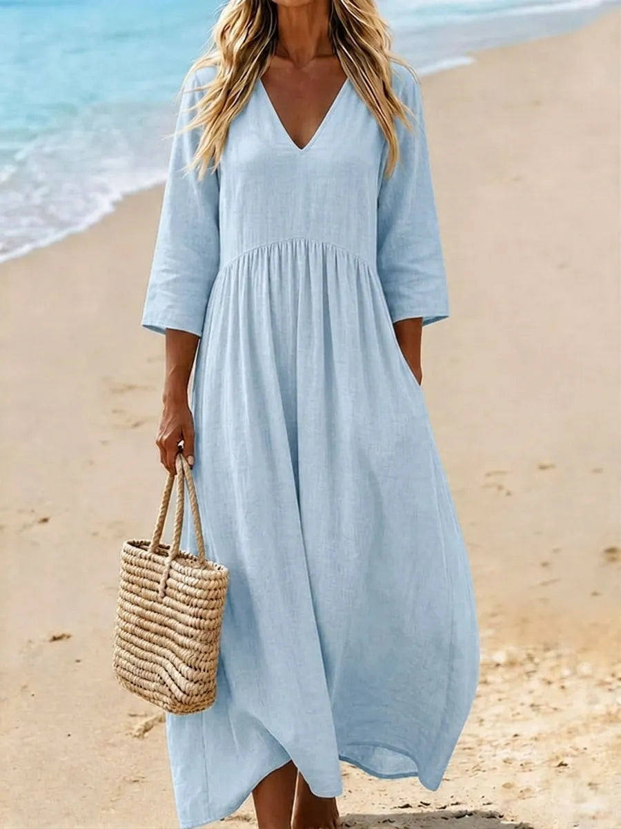 Γυναικείο Μονόχρωμο Casual Φόρεμα Maxi από Βαμβάκι και Λινό με V λαιμόκοψη
