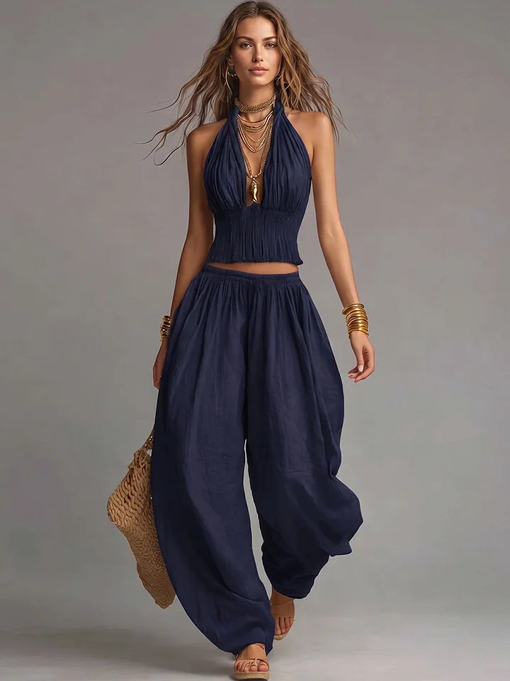 Σέξι boho σετ δύο τεμαχίων με αμάνικο τοπ και φαρδύ παντελόνι