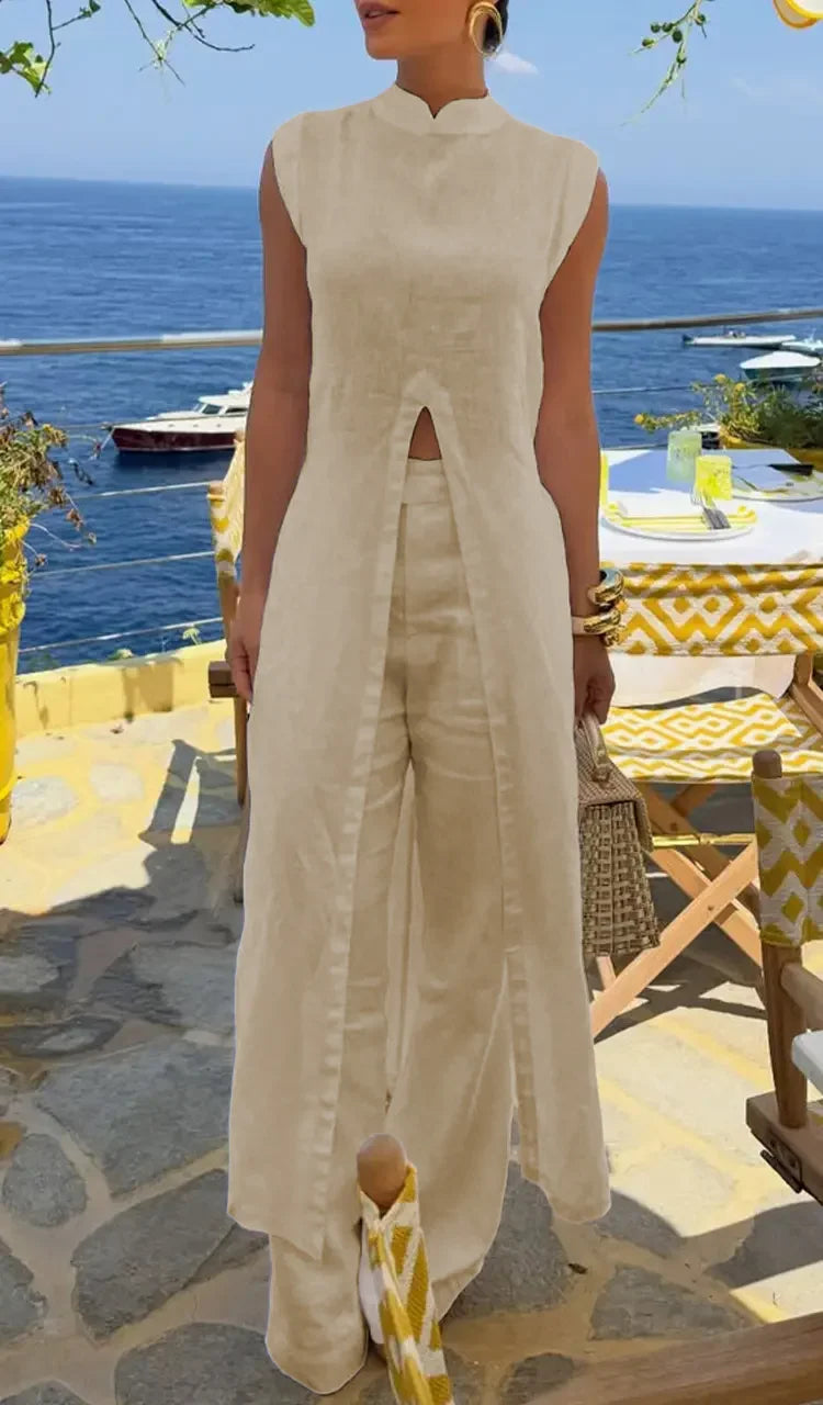 Γυναικείο casual ντύσιμο με μακριά μπλούζα με στρογγυλή λαιμόκοψη και μονόχρωμο παντελόνι