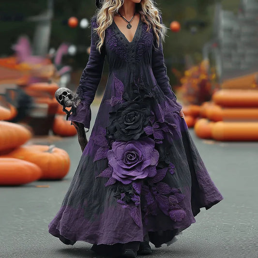 Γυναικείο κλασικό μακρύ φόρεμα για το Halloween με μωβ τριαντάφυλλο και άνετο λινό
