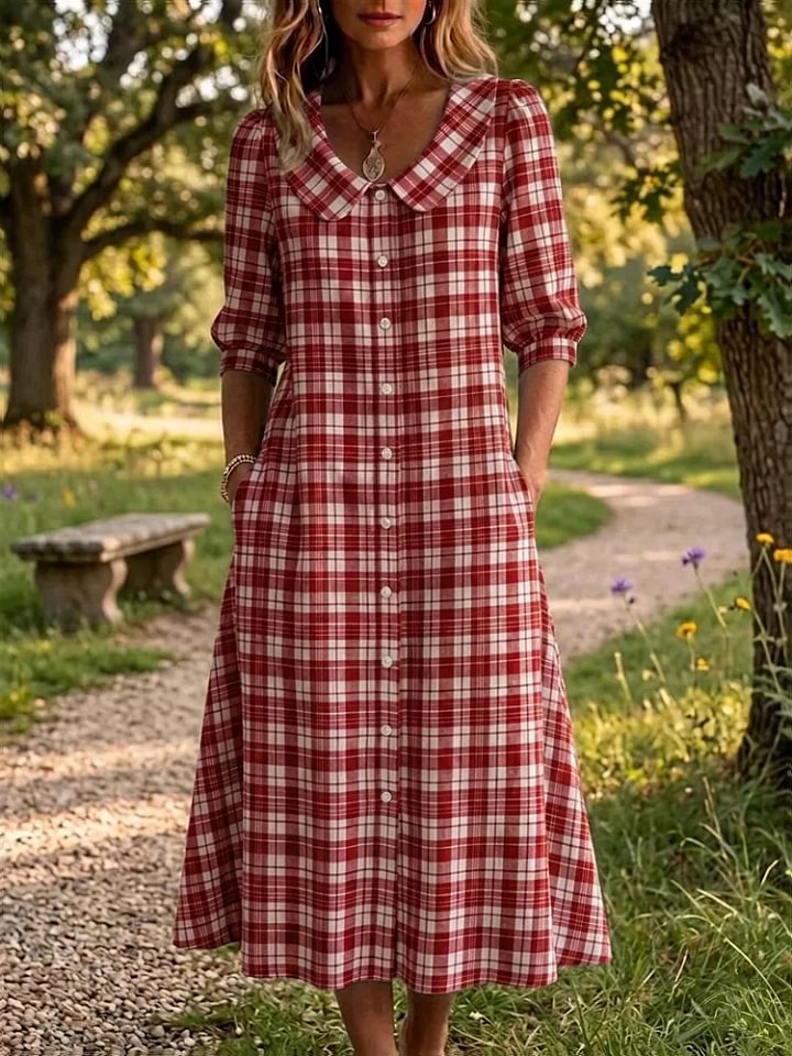 Vestido Xadrez Vintage para Mulher com Bolsos