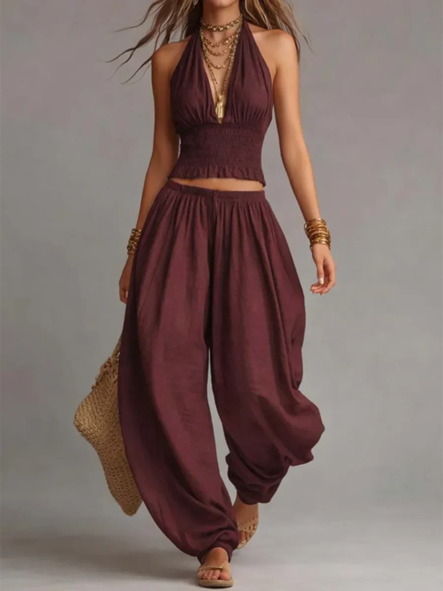 Σέξι boho σετ δύο τεμαχίων με αμάνικο τοπ και φαρδύ παντελόνι