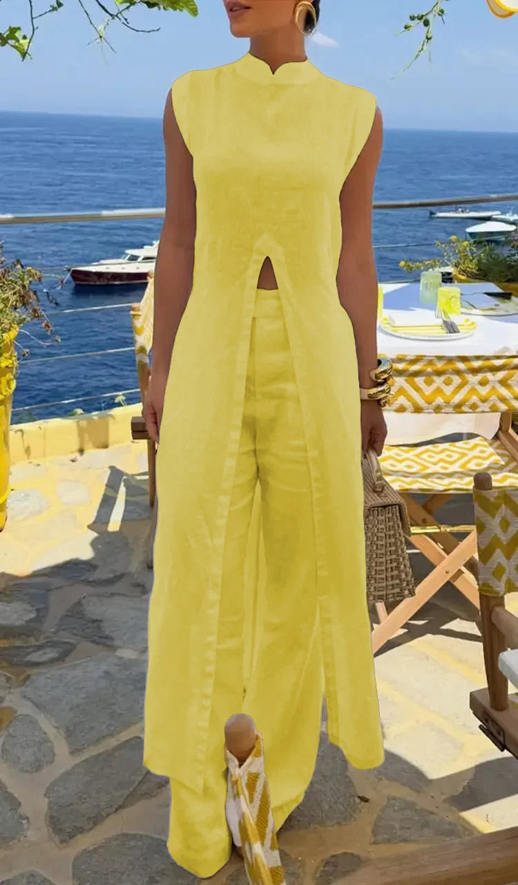 Γυναικείο casual ντύσιμο με μακριά μπλούζα με στρογγυλή λαιμόκοψη και μονόχρωμο παντελόνι