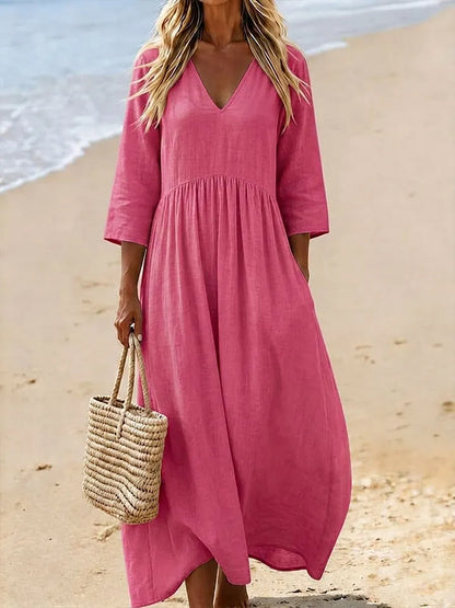 Γυναικείο Μονόχρωμο Casual Φόρεμα Maxi από Βαμβάκι και Λινό με V λαιμόκοψη