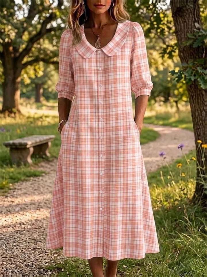 Vestido Xadrez Vintage para Mulher com Bolsos