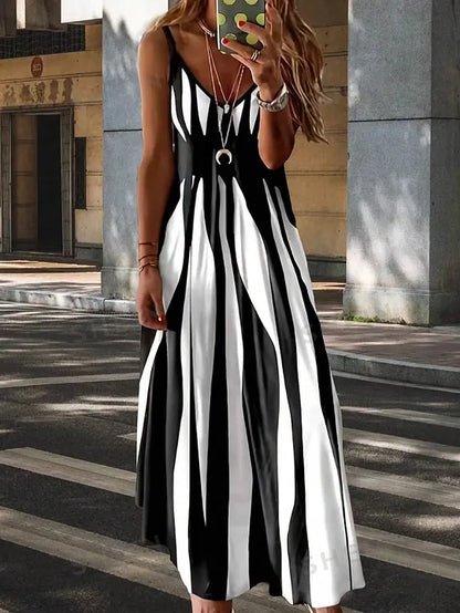 🔥 ✨Casual Vibe! Μάξι φόρεμα με V-λαιμόκοψη και ακανόνιστες ρίγες✨