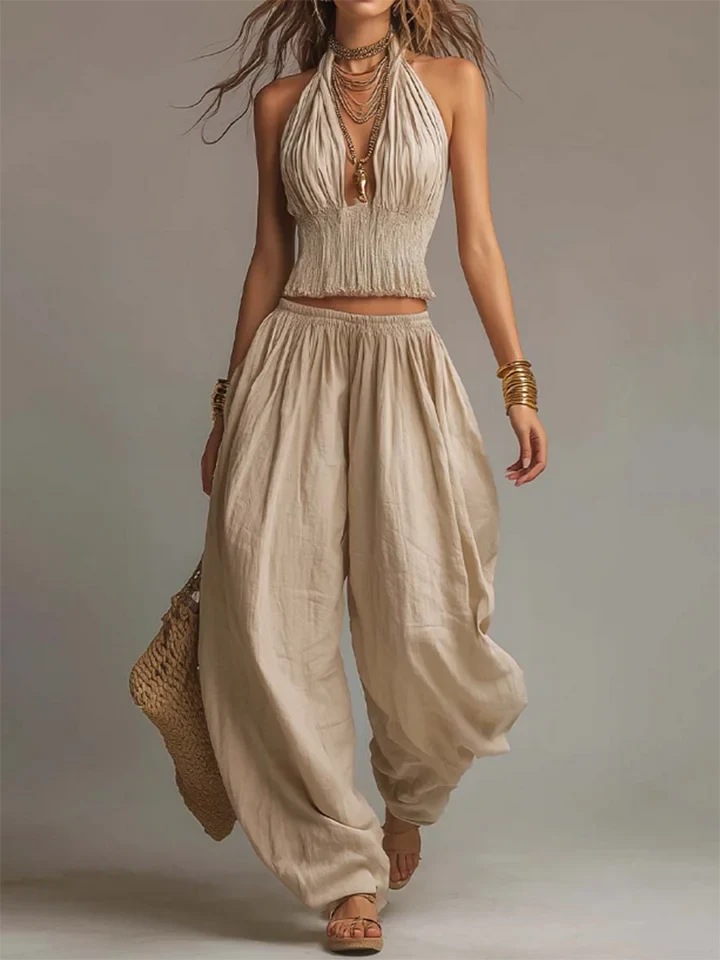 Σέξι boho σετ δύο τεμαχίων με αμάνικο τοπ και φαρδύ παντελόνι