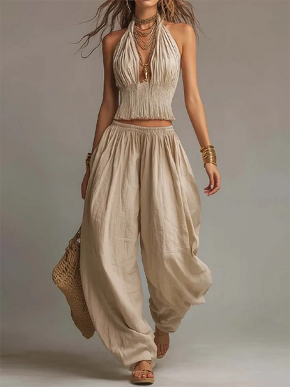 Σέξι boho σετ δύο τεμαχίων με αμάνικο τοπ και φαρδύ παντελόνι
