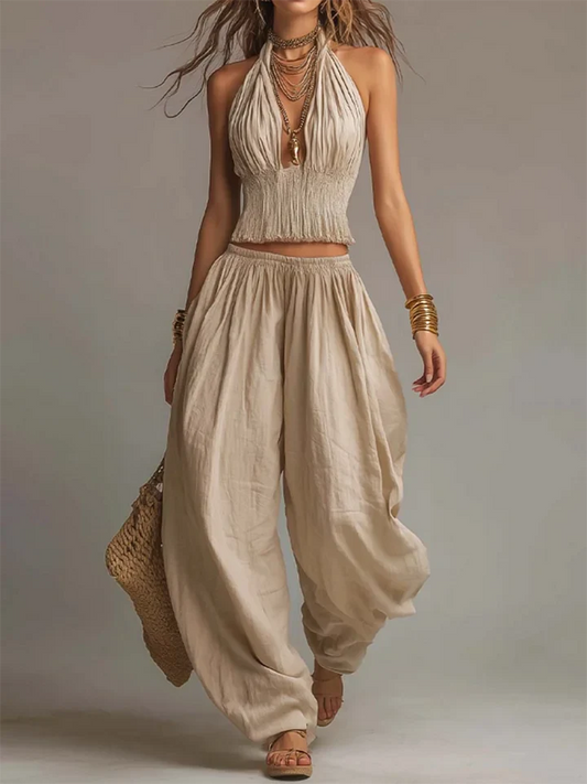 Σέξι boho σετ δύο τεμαχίων με αμάνικο τοπ και φαρδύ παντελόνι