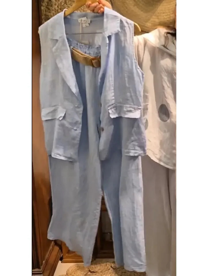 Γυναικείο casual λινό βαμβακερό γιλέκο και παντελόνι σετ δύο τεμαχίων