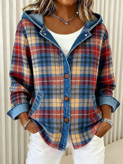 Γυναικείο τζιν μπουφάν με κουκούλα και καρό τύπωμα σε χρωματικές αντιθέσεις