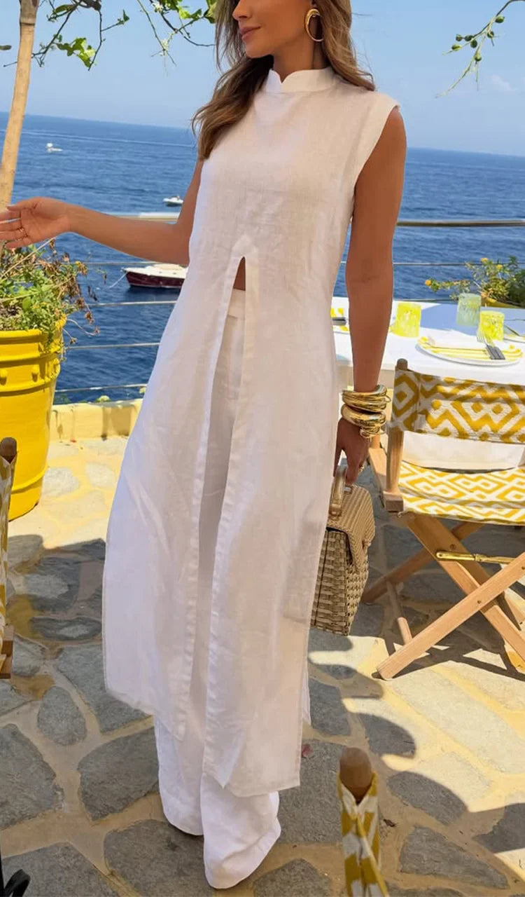 Γυναικείο casual ντύσιμο με μακριά μπλούζα με στρογγυλή λαιμόκοψη και μονόχρωμο παντελόνι