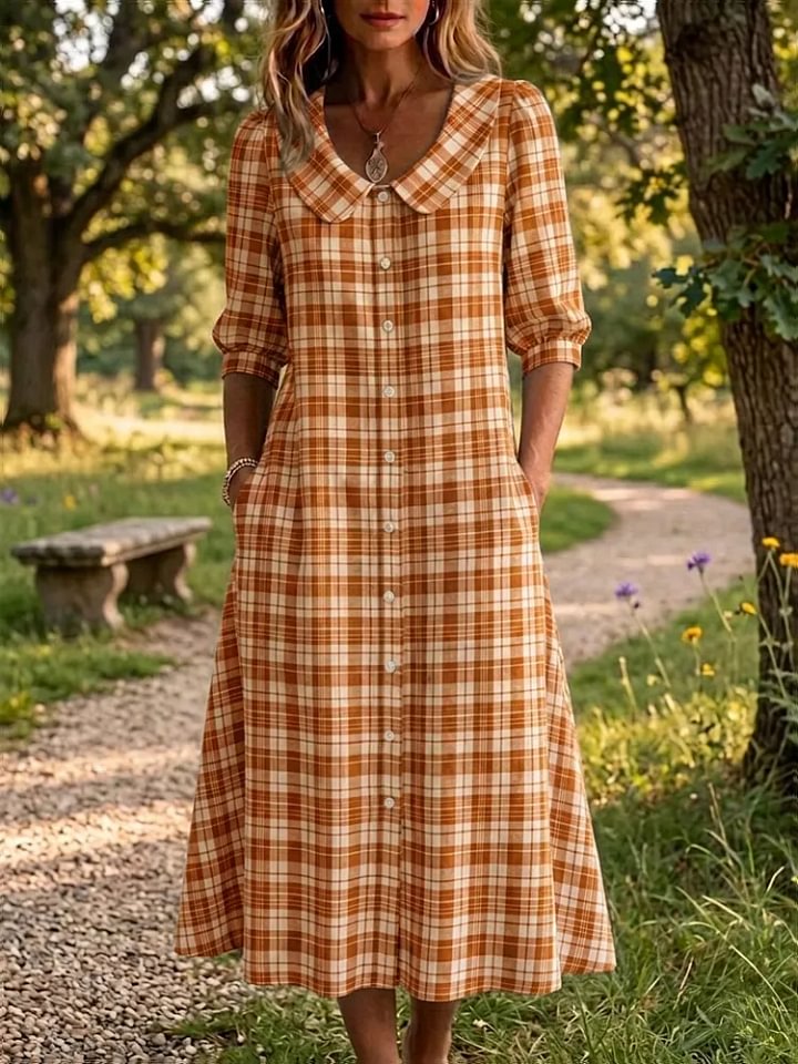 Vestido Xadrez Vintage para Mulher com Bolsos