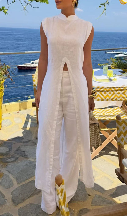 Γυναικείο casual ντύσιμο με μακριά μπλούζα με στρογγυλή λαιμόκοψη και μονόχρωμο παντελόνι