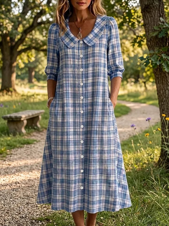 Vestido Xadrez Vintage para Mulher com Bolsos