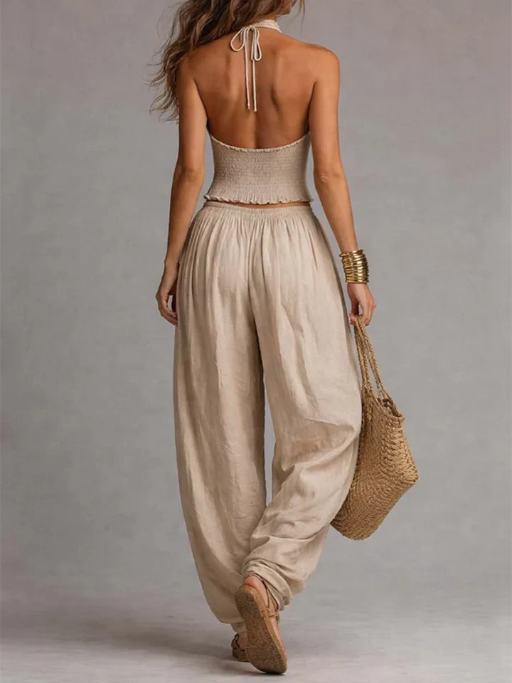 Σέξι boho σετ δύο τεμαχίων με αμάνικο τοπ και φαρδύ παντελόνι