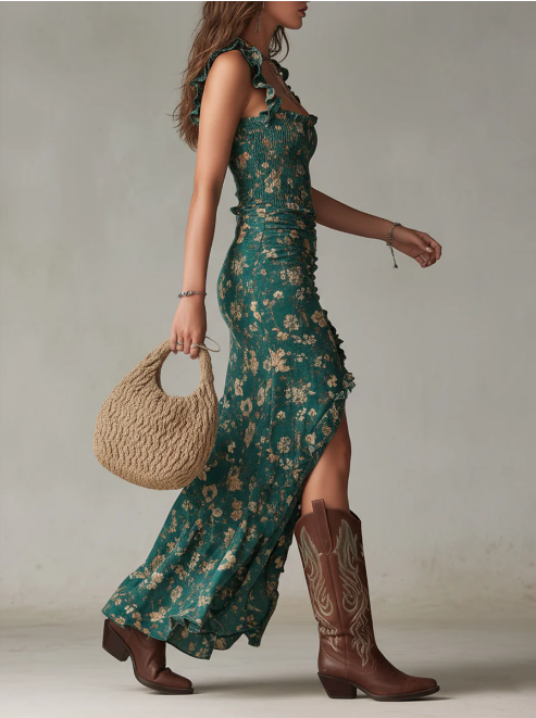 Μακρύ ρετρό boho φόρεμα με φουσκωτά μανίκια και ψηλό σκίσιμο