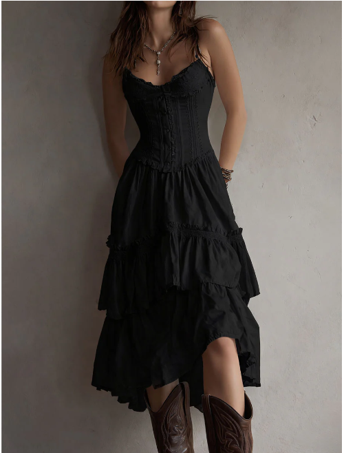 Ρετρό boho λευκό μίντι φόρεμα με στρώσεις κορσέ και λεπτομέρειες από δαντέλα.