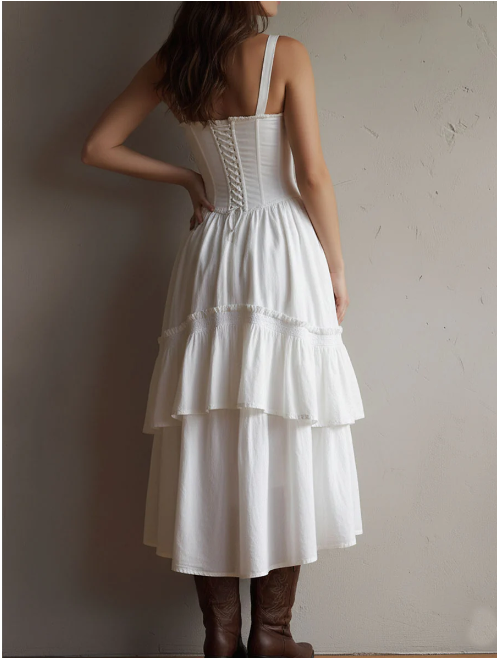 Ρετρό boho λευκό μίντι φόρεμα με στρώσεις κορσέ και λεπτομέρειες από δαντέλα.